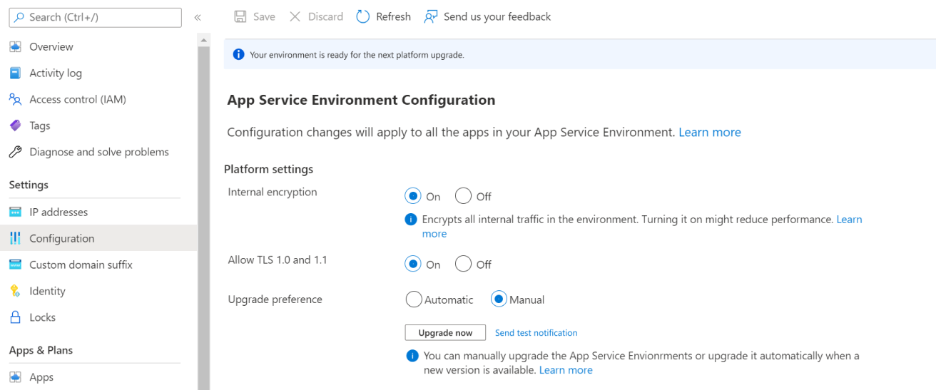 Captura de pantalla de un panel de configuración para iniciar la actualización de App Service Environment.