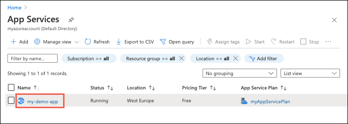 Navegación en el portal a la aplicación de Azure