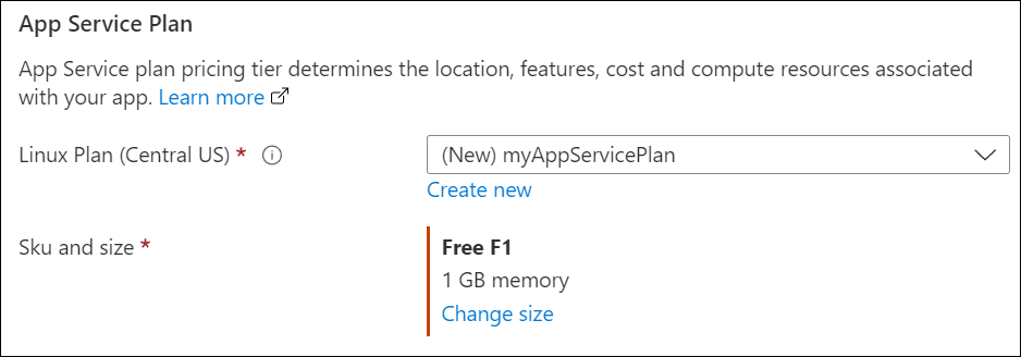 Recorte de pantalla de la sección plan de App Service.