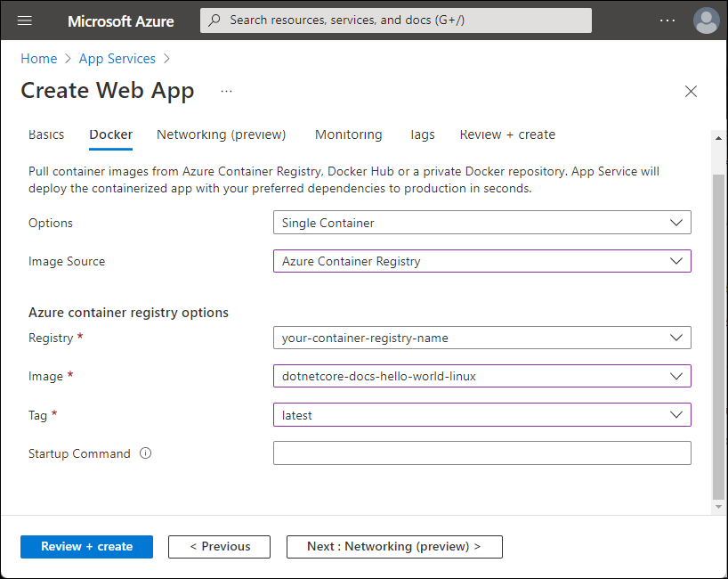 Captura de pantalla que muestra las opciones de Azure Container Registry.