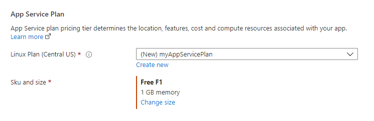 Recorte de pantalla de la sección plan de App Service.