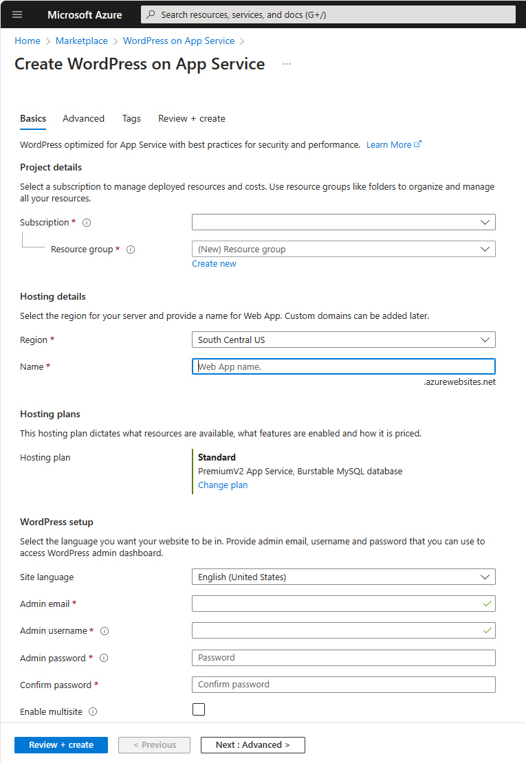 Captura de pantalla de Creación de un sitio de WordPress en Azure App Service.