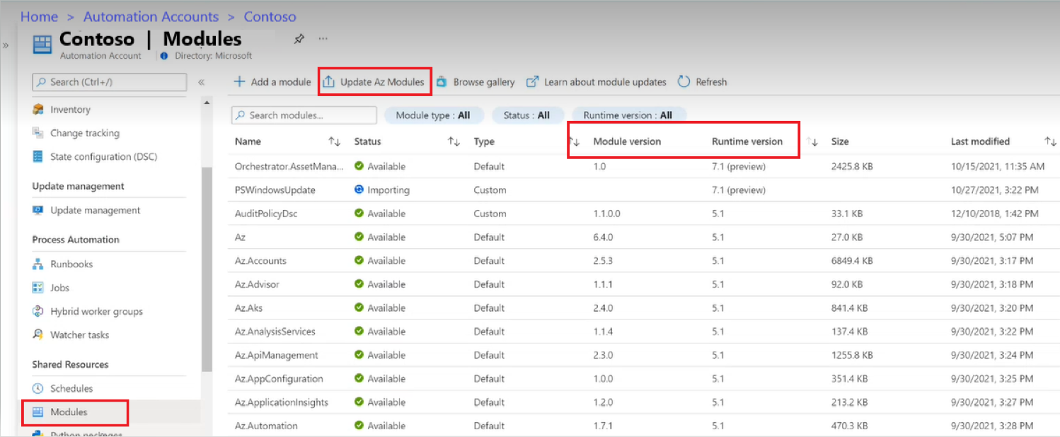 Página de actualización de módulos de Azure con las selecciones