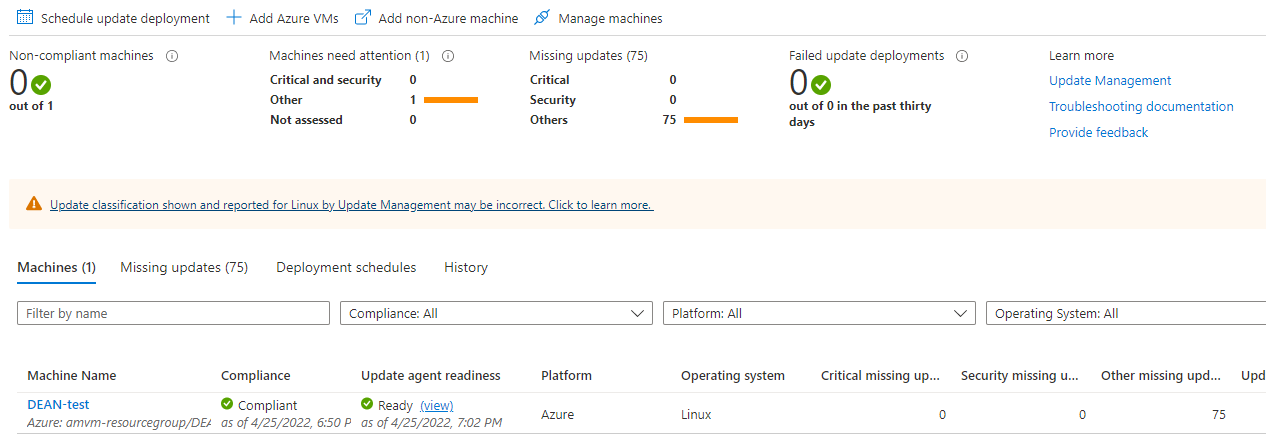 Captura de pantalla de la vista predeterminada de Update Management.