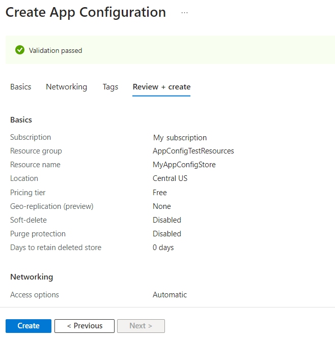 Captura de pantalla de Azure Portal en la que se muestra las opciones de configuración en la pestaña Revisar y crear.