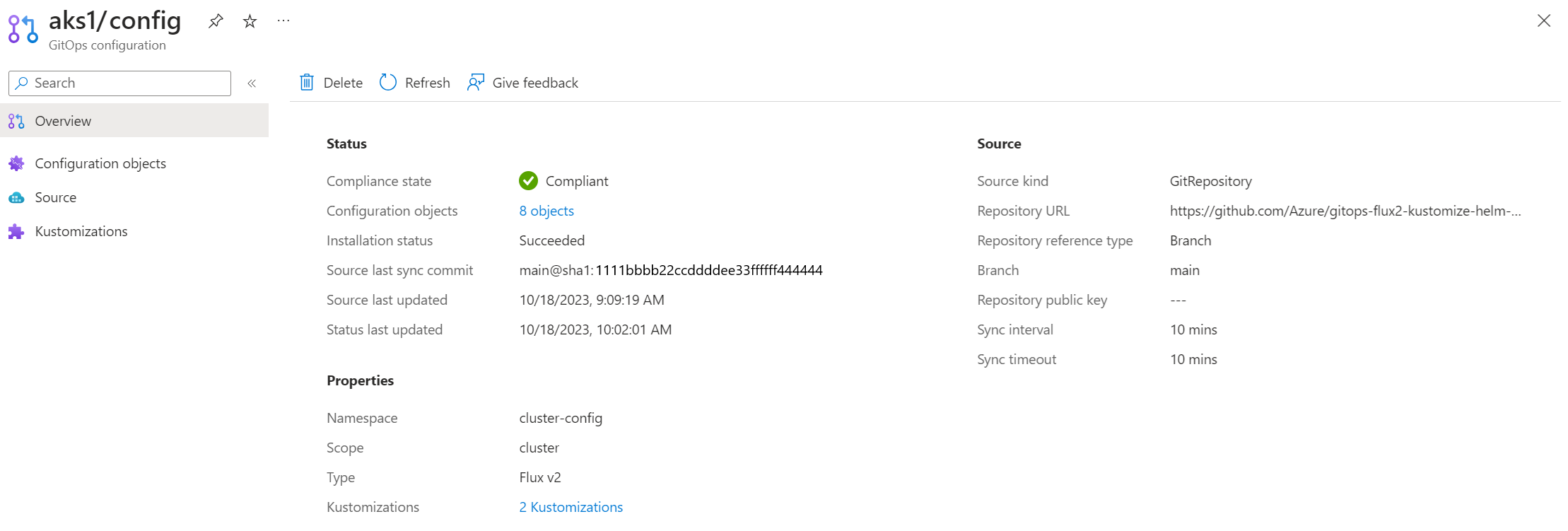 Recorte de pantalla de la página Información general de una configuración de Flux en Azure Portal.