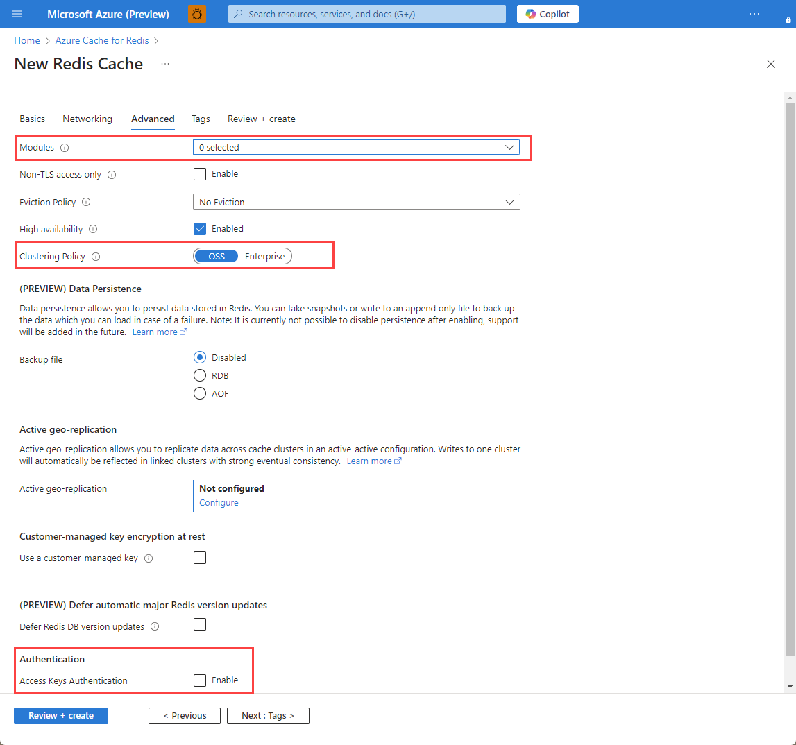 Captura de pantalla que muestra la pestaña Azure Managed Redis Advanced (Opciones avanzadas de Redis administrados de Azure).