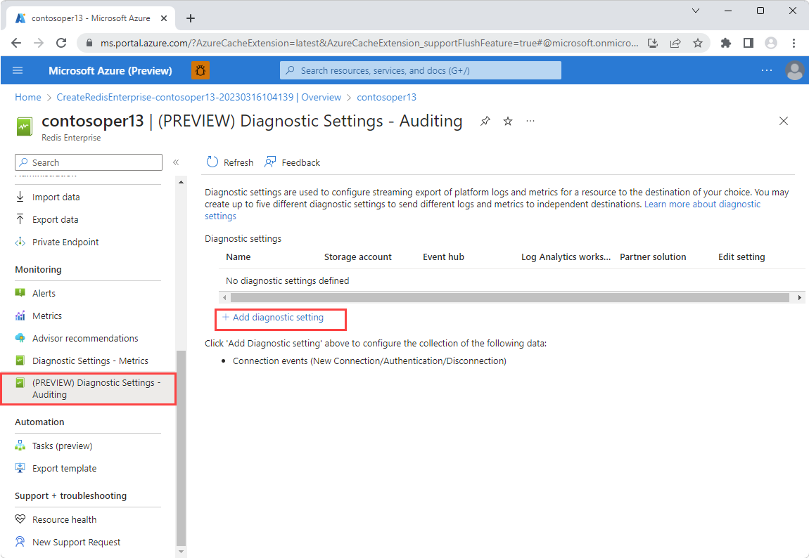 Captura de pantalla de la configuración de diagnóstico: auditoría seleccionada en el menú Recurso.