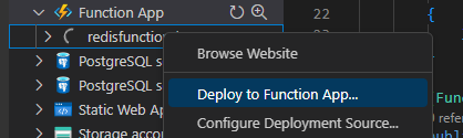 Captura de pantalla de selecciones para implementar en una aplicación de funciones en VS Code.