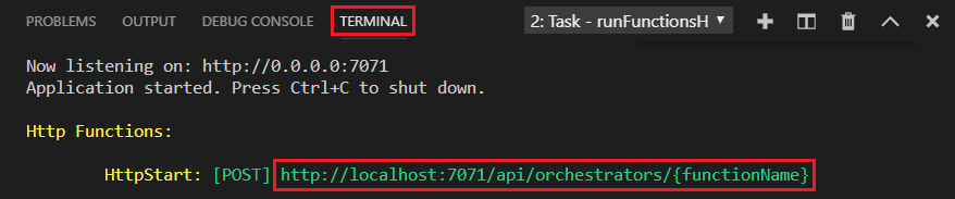 Captura de pantalla del panel de terminales de Visual Studio Code. El terminal muestra la salida de ejecutar localmente una aplicación de Durable Functions.