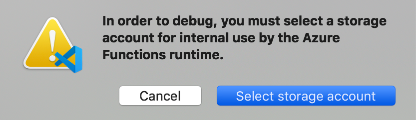 Captura de pantalla de una ventana de alertas de Visual Studio Code. Seleccione cuenta de almacenamiento resaltada.