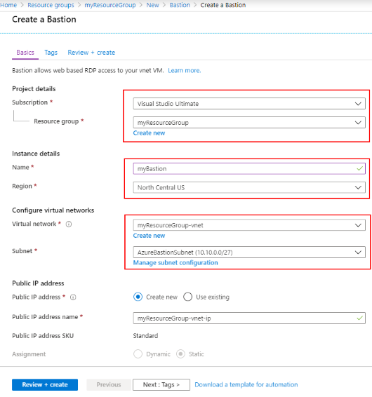 Creación de un host de Azure Bastion con una subred específica