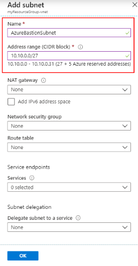 Creación de una subred para el host de Azure Bastion