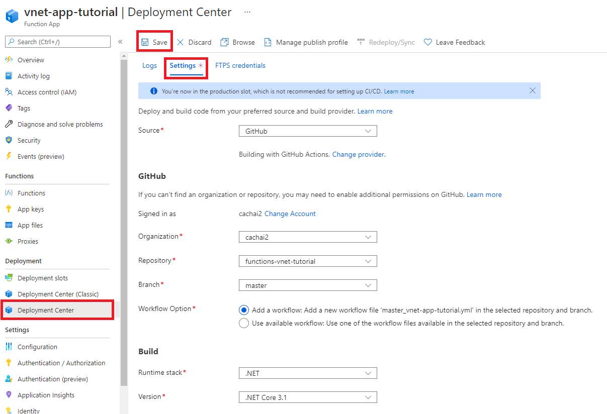 Captura de pantalla sobre cómo implementar código de Azure Functions mediante el portal.