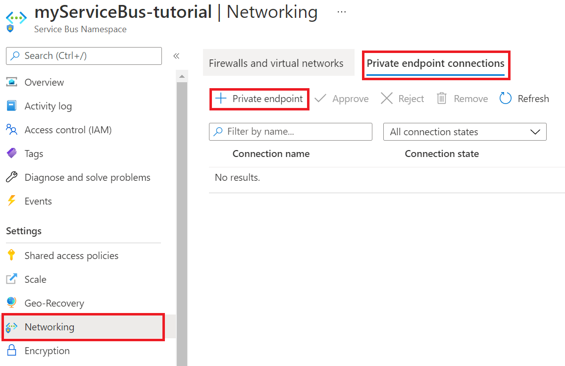 Captura de pantalla de cómo ir a los puntos de conexión privados para la instancia de Service Bus.