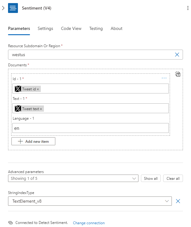 Configuración de Detectar sentimiento