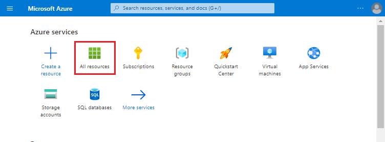 Captura de pantalla de Azure Portal que muestra la opción Todos los recursos seleccionada en la sección Servicios de Azure de la página.