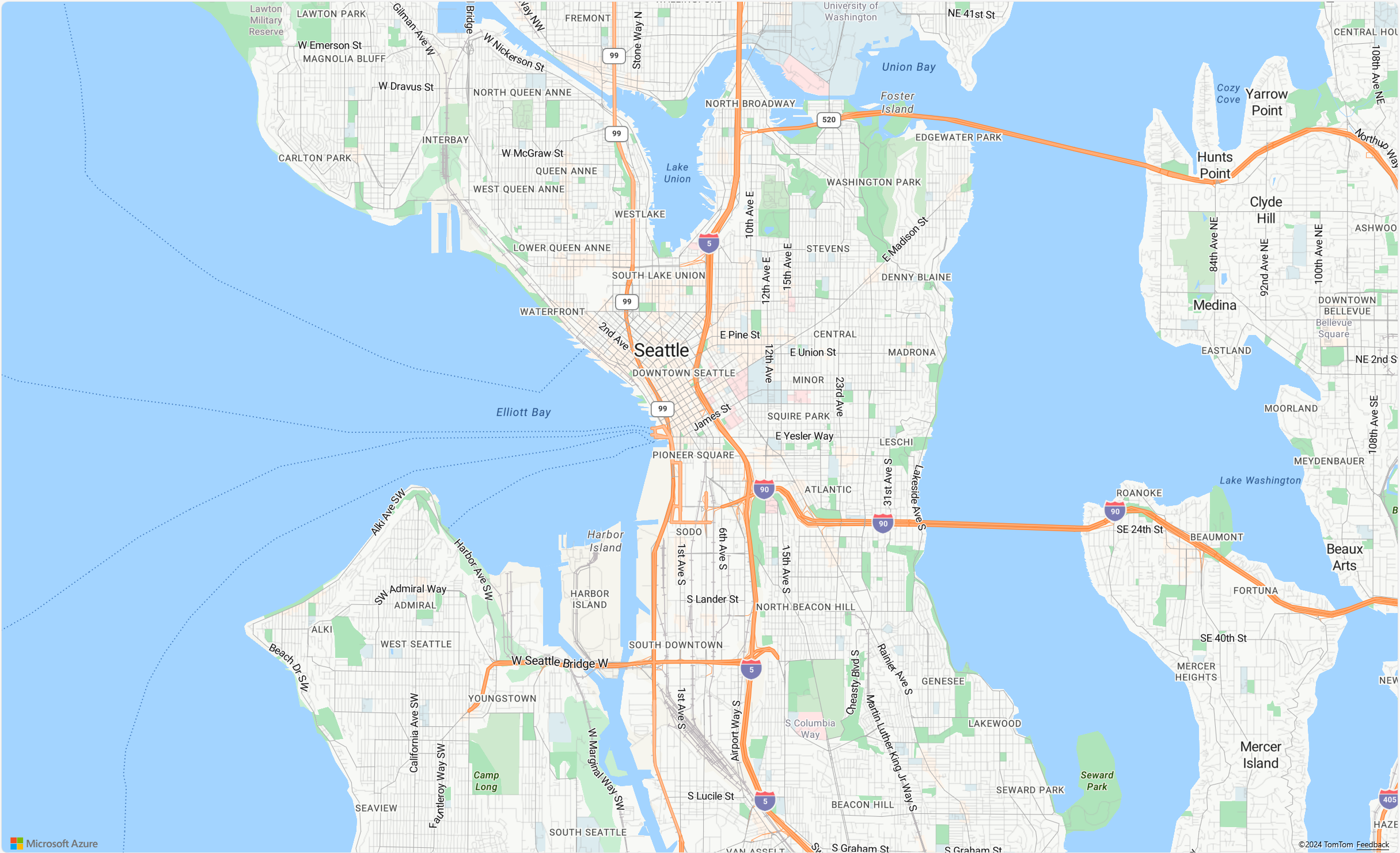 Captura de pantalla en la que se muestra un mapa de Seattle con un punto azul.