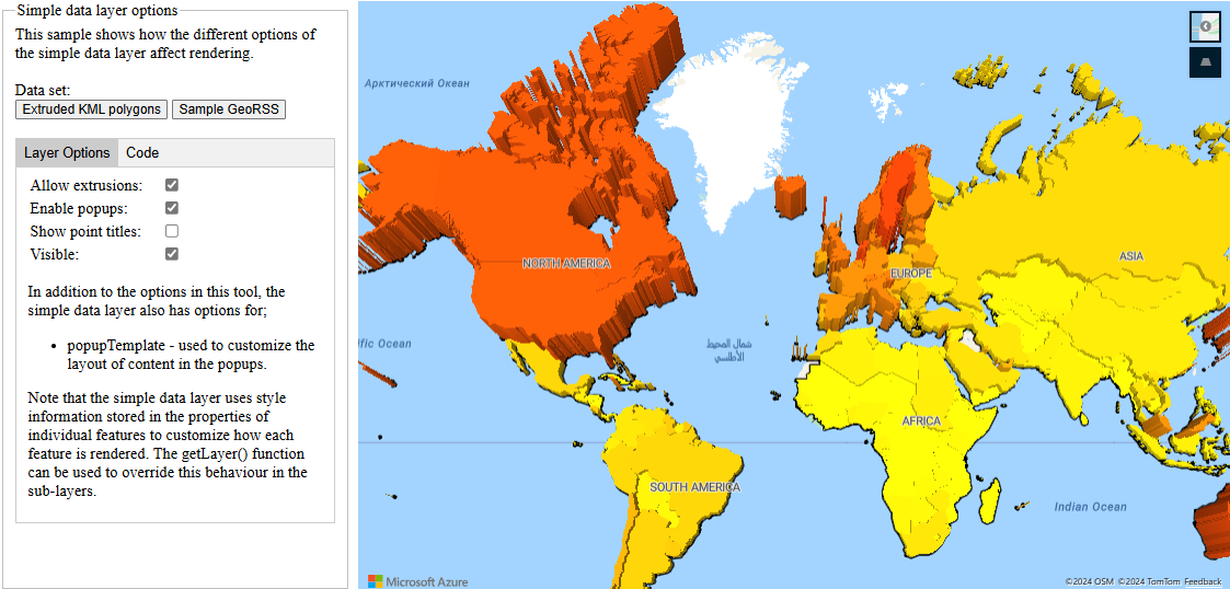 Captura de pantalla del mapa con un panel a la izquierda que muestra las diferentes opciones de capas de datos simples.