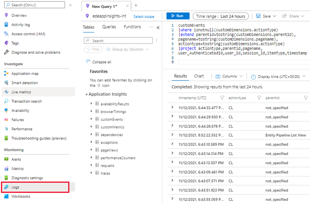 Captura de pantalla que muestra la sección de registros en Supervisión en Application Insights. También muestra una consulta de muestra en la sección de registros para recuperar los datos de la aplicación.