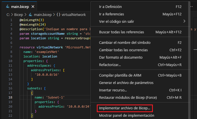Recorte de pantalla de la opción Implementar archivo de Bicep.
