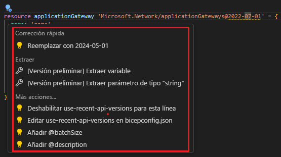 Captura de pantalla de las sugerencias de corrección rápida de Visual Studio Code