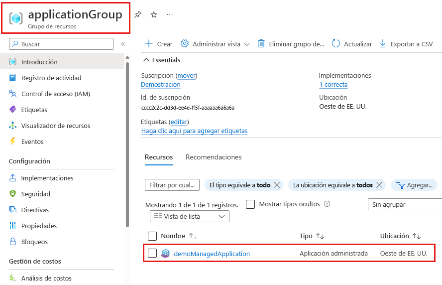 Captura de pantalla que muestra el grupo de recursos donde está incluida la aplicación administrada