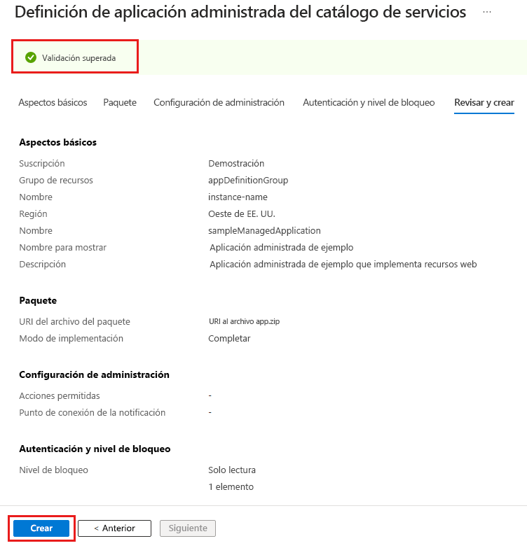 Captura de pantalla del portal que muestra la validación pasada para la definición de la aplicación administrada.