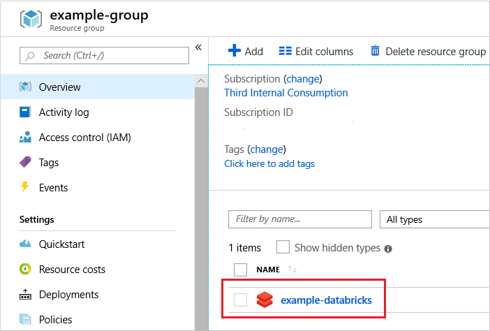 Captura de pantalla de Azure Portal con una instancia de Azure Databricks seleccionada.