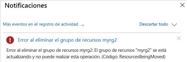 Captura de pantalla de Azure Portal que muestra un mensaje de error al intentar eliminar un grupo de recursos agregado a una operación de movimiento en curso.