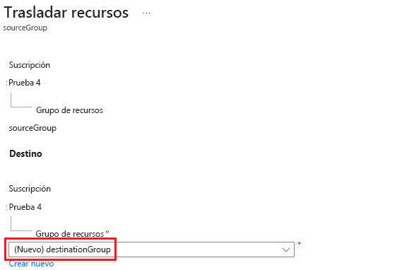 Captura de pantalla de Azure Portal donde el usuario especifica el grupo de recursos de destino de la operación de movimiento.