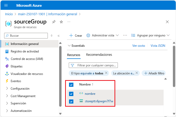 Captura de pantalla de Azure Portal que muestra la selección de recursos para mover.