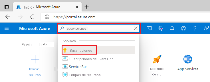 Recorte de pantalla de la búsqueda de Azure Portal.