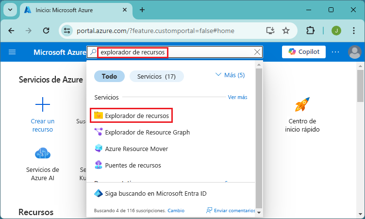 Captura de pantalla de la selección Todos los servicios en Azure Portal para acceder al Explorador de recursos.