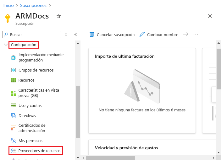 Captura de pantalla de la selección de proveedores de recursos en Azure Portal.