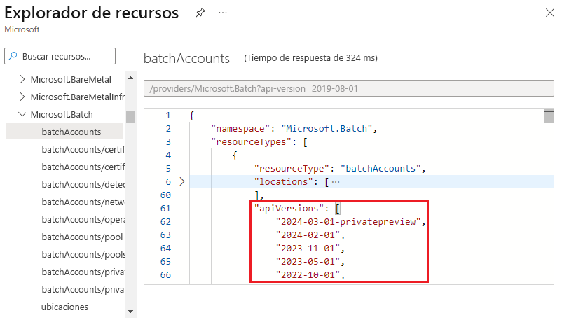 Captura de pantalla que muestra las versiones de API válidas de un tipo de recurso en Azure Resource Explorer.