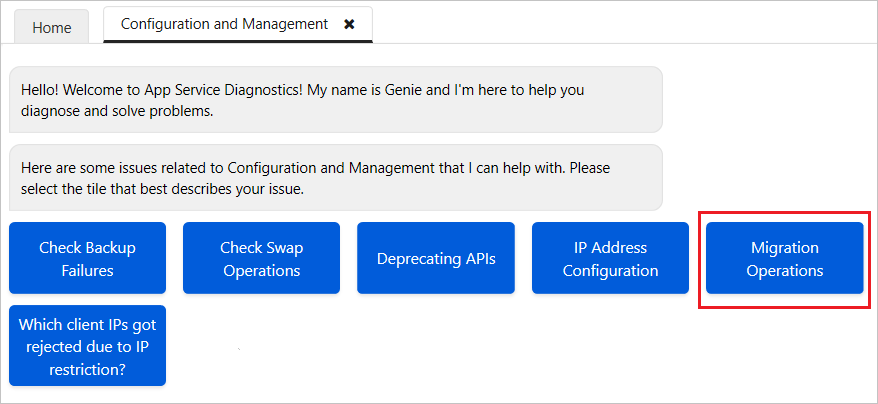 Captura de pantalla de la sección Opciones de migración del menú Configuración y administración.