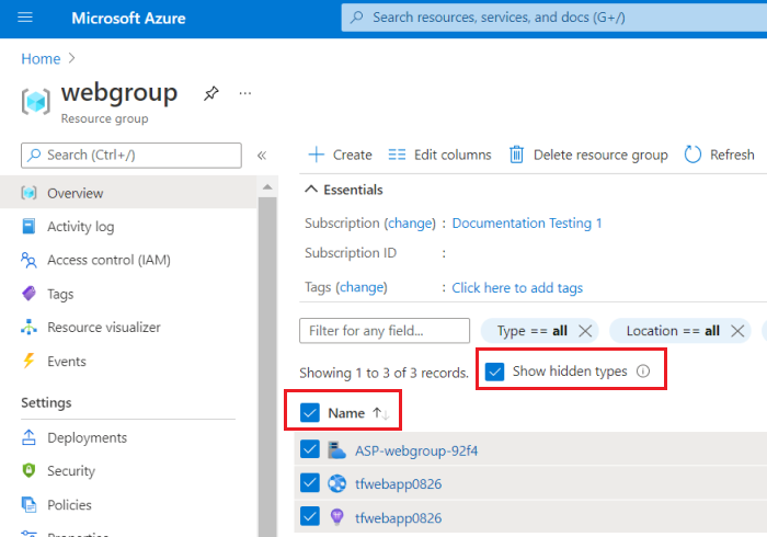 Captura de pantalla de la opción Mostrar tipos ocultos en el portal al mover recursos de App Service.