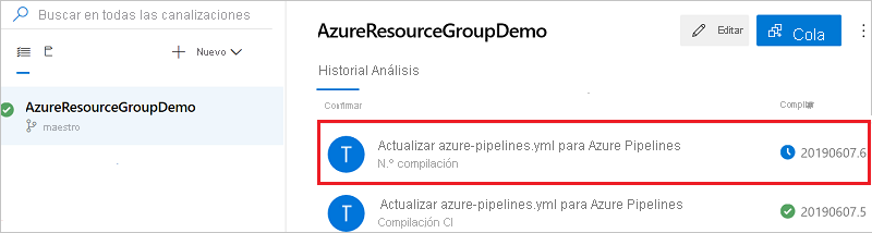 Captura de pantalla de la vista de resultados de canalización en Azure DevOps