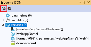 Captura de pantalla de la ventana Esquema JSON con la opción Agregar nuevo recurso resaltada.
