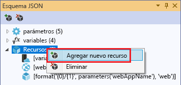 Captura de pantalla de la ventana Esquema JSON en la que se resalta la opción Añadir nuevo recurso.