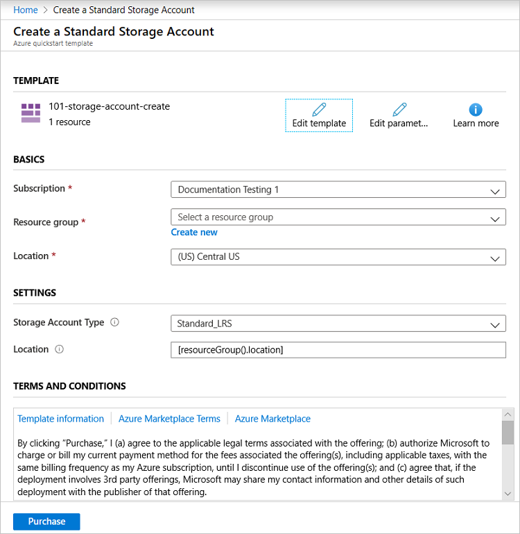 Captura de pantalla del panel de visualización del portal Azure para proporcionar valores de parámetros.