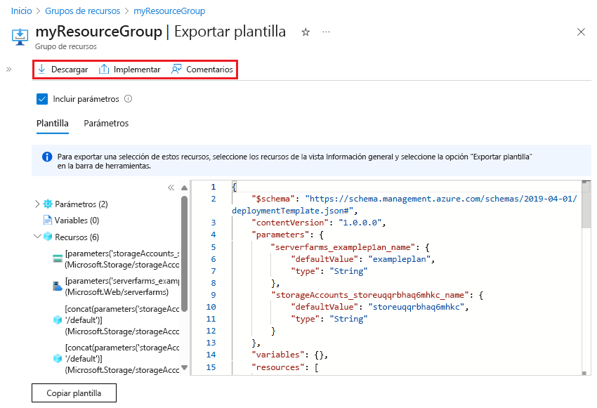 Captura de pantalla que muestra la plantilla exportada visualizada en Azure Portal.