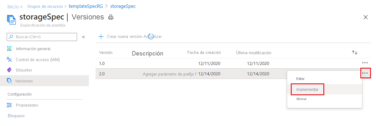 Captura de pantalla de la opción «Implementar» en el menú contextual de una versión específica.