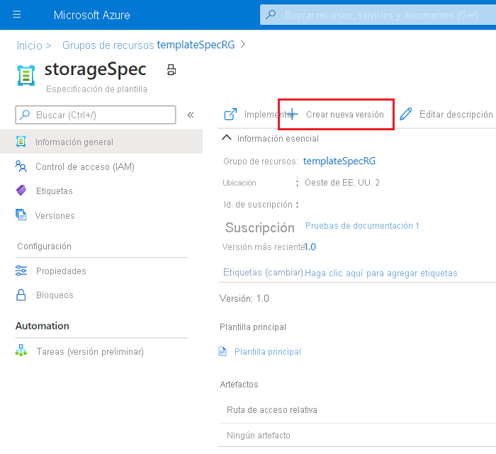 Captura de pantalla del botón «Crear nueva versión» en los detalles de la especificación de plantilla.