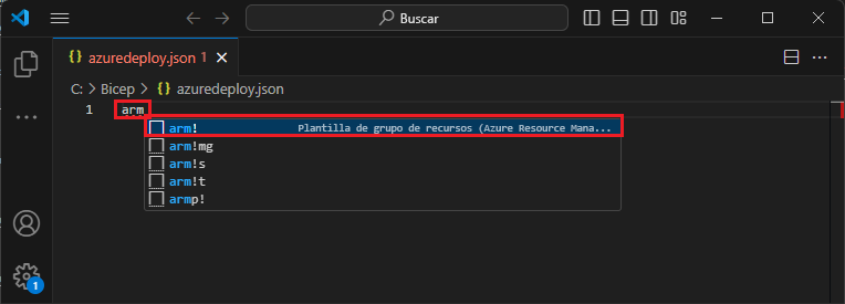 Captura de pantalla que muestra fragmentos de código de scaffolding de Azure Resource Manager.