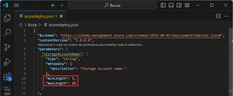 Captura de pantalla que muestra cómo se agregan minLength y maxLength a un parámetro de la plantilla de Resource Manager.