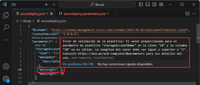 Captura de pantalla que muestra una plantilla de Resource Manager válida.