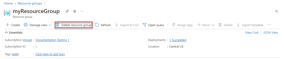 Captura de pantalla de Azure Portal con la opción Eliminar grupo de recursos resaltada en la vista del grupo de recursos.