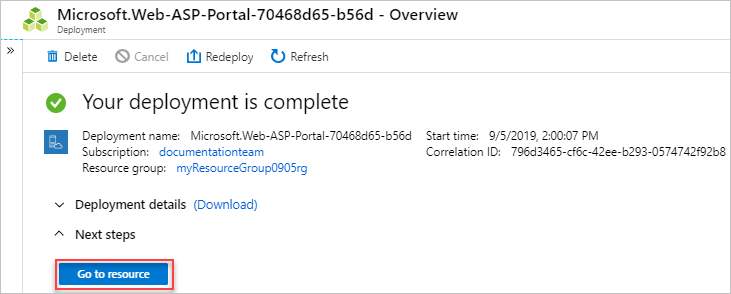 Captura de pantalla del botón Ir al recurso en Azure Portal.